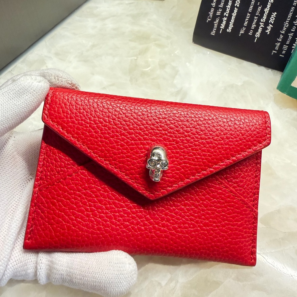 Alexander McQueen Red Leather Envelope Card Wallet with Skull Detail